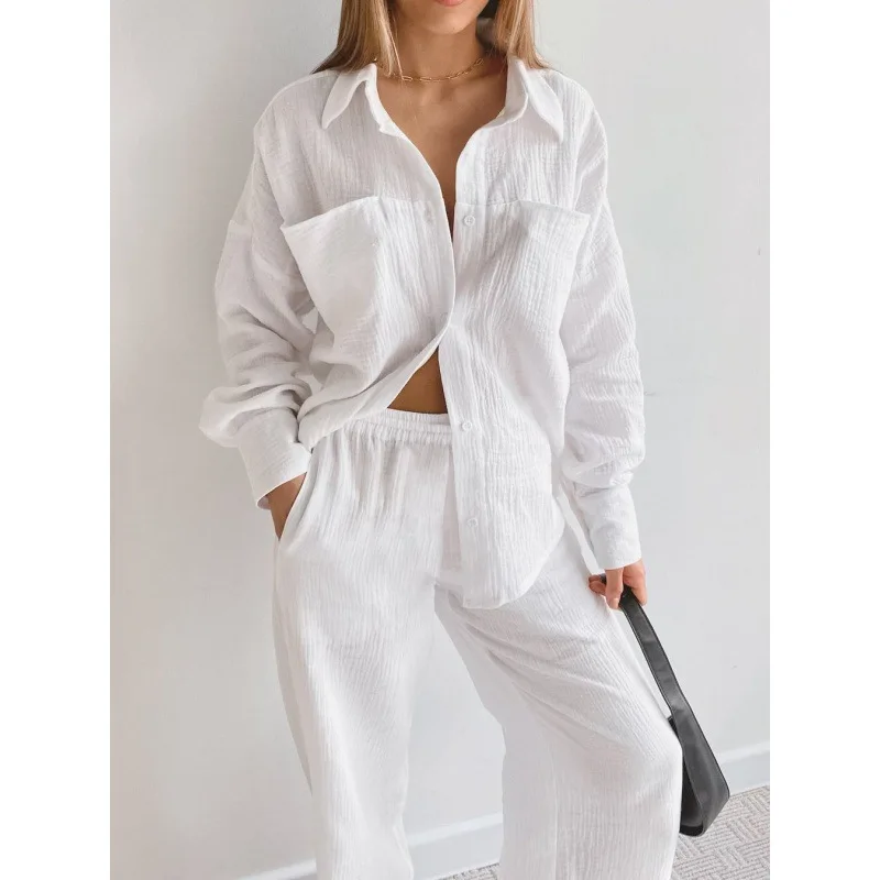 

Spring and Summer New Long Sleeved Shirt High Waisted Straight Leg Pants Women's Loose Casual Temperament Two-piece Set
