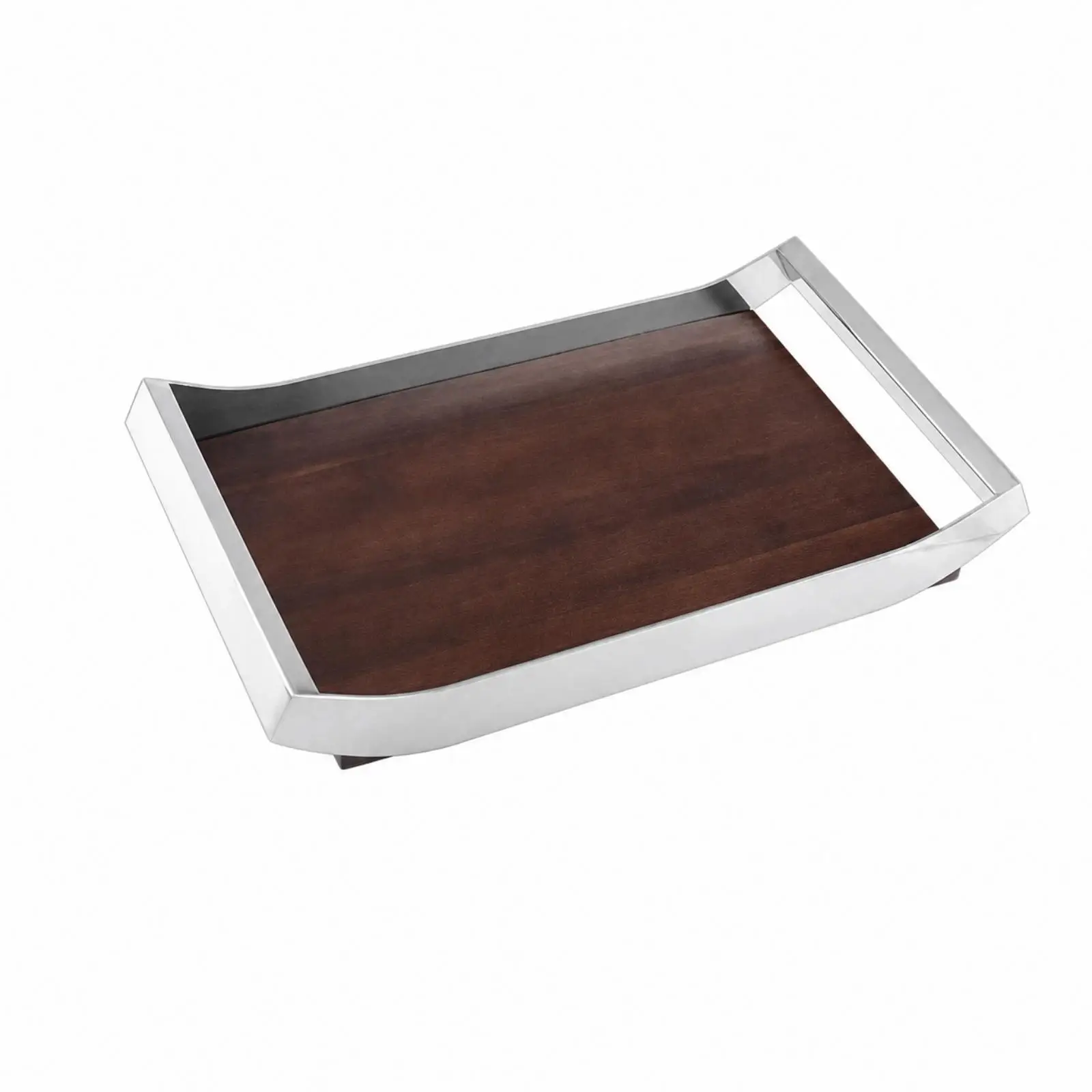 Rectangular Walnut Serving Tray Stainless Steel Edge for Bathroom Countertop Accessory Storage Vanity Tray Decorative Home