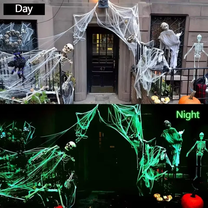 

Luminous Stretch Cobweb with Fake Spiders Halloween Glow-in-The-Dark Decor for Indoor/Outdoor Haunted House, Horror Party Props
