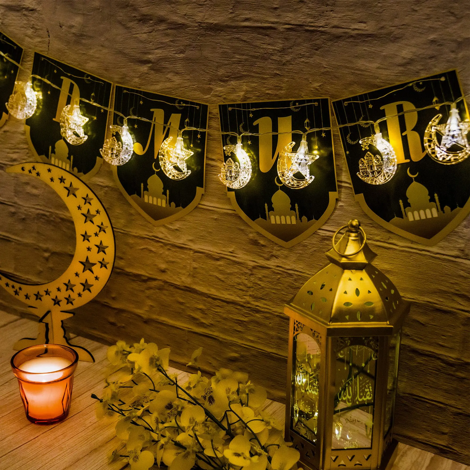 รอมฎอนตกแต่ง Moon Star String Lights EID Mubarak Ramadan Kareem ตกแต่งบ้านอิสลามมุสลิม EID