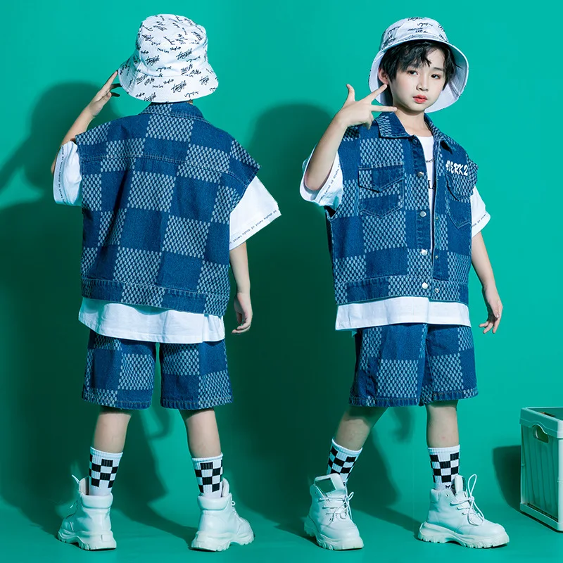Junge Mädchen Jazz Dance Kostüme Schachbrett Denim Anzug Hip-Hop Street Dance Kleidung Ballsaal Tanzen Kleidung Bühne Outfits