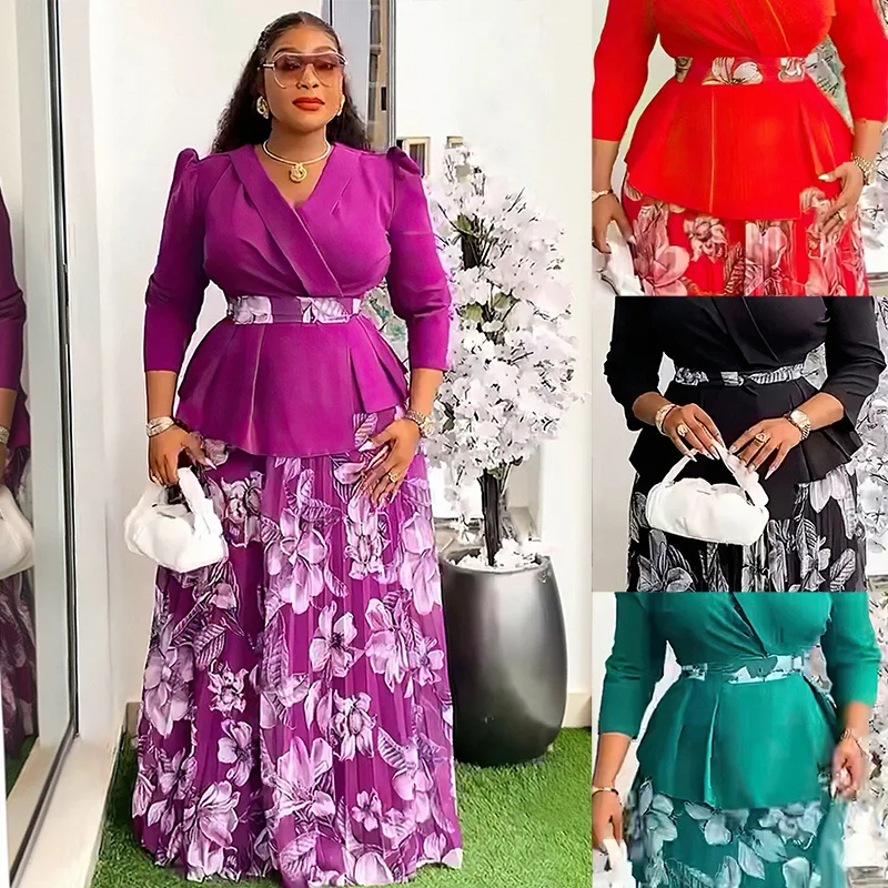 

2 Piece African Clothes for Women Summer Fashion African Half Sleeve V-neck Polyester Printing Top Long Skirt Matching Sets 2025