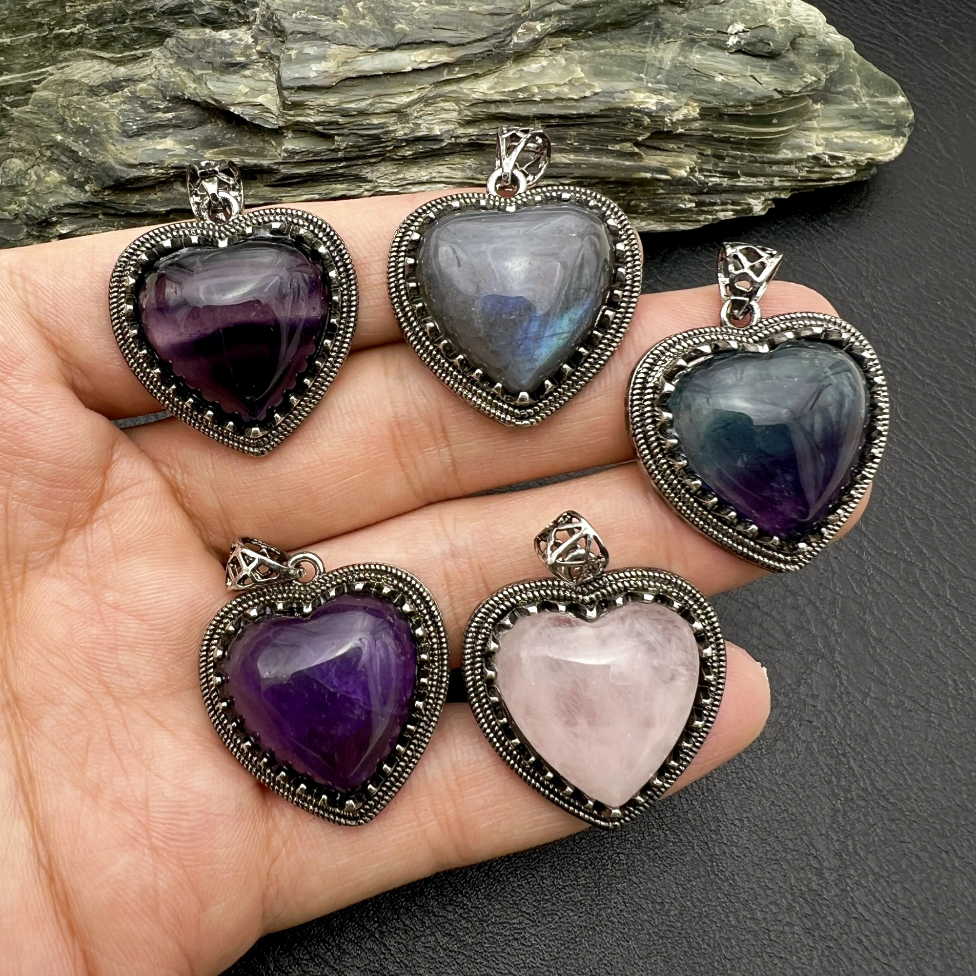 10PCS Antique Silver Color Plated Natural Stone Amethysts Rose Quartzs Labradorite Fluorite Heart Pendant Vintage Jewelry