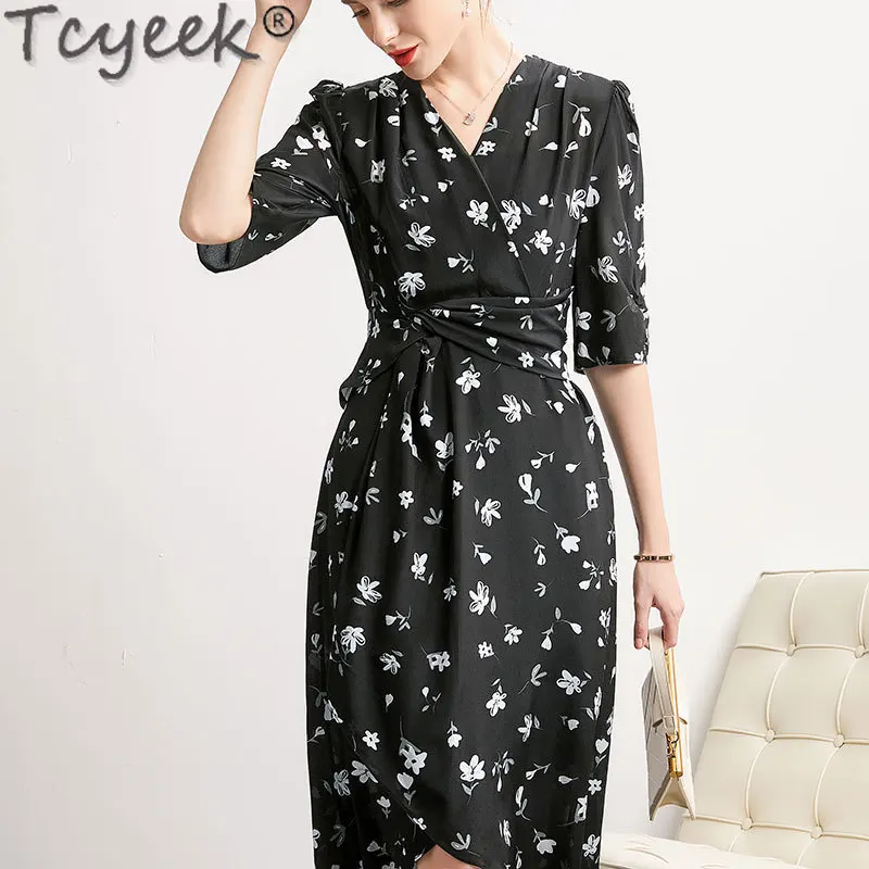 

Tcyeek 100% Real Silk Dress Women 2024 Print Black Dress Spring Summer Long Dresses for Women Clothing Womens Dresses Slim Fit