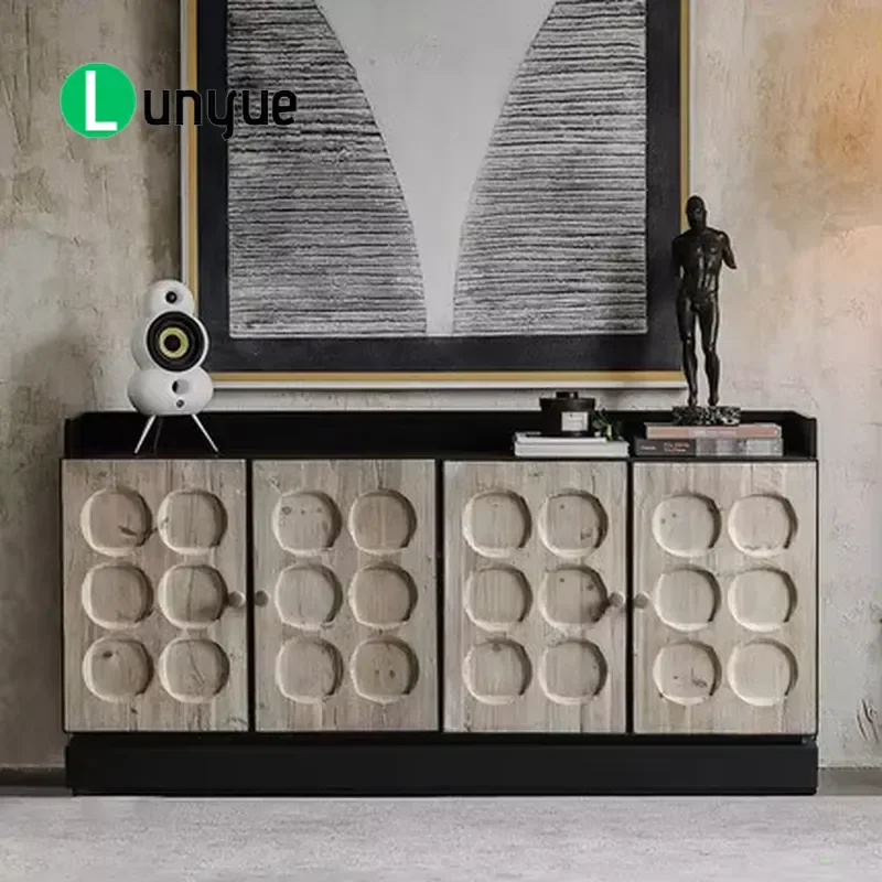 Reclaimed Wood Carving Side Cabinet 4 Door Steel Frame Brutalist Style Antique Wooden Sideboard for Kitchen Living Room