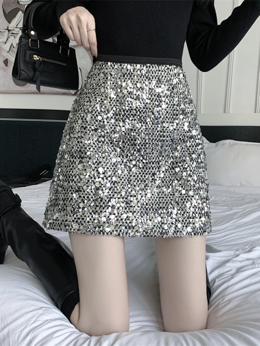 Bornladies Sparkling Woolen A-line Skirt Women's Female Korean Version With High Waist Slimming Effect Short Hip Hugging Skirt