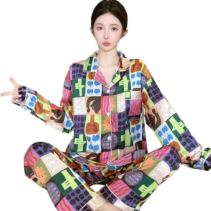 Korean Funny Cartoon Print Women Set Pajamas Satin Silk Autumn Winter Long Sleeves Long Pants Cute Pyjamas Soft Pijamas Cozy Pjs