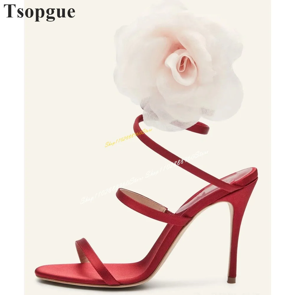 

Red Serpentine Twine Strap Flower Decor Sandals Thin High Heel Women Shoes Twine Strap Open Toe 2024 Fashion Zapatos Para Mujere