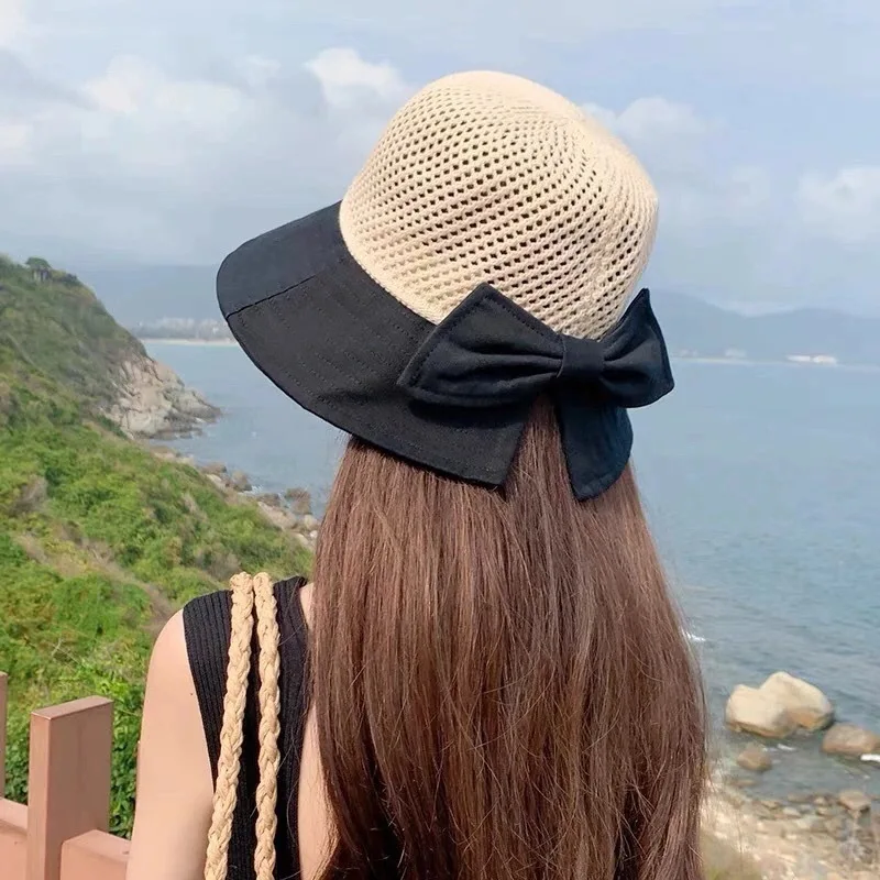 Hollow Out Bow Bucket Hat for Women Summer Sunshade Patchwork Sun Hat Mesh Breathable Straw Cap Girls Vacation Seaside Beach Cap