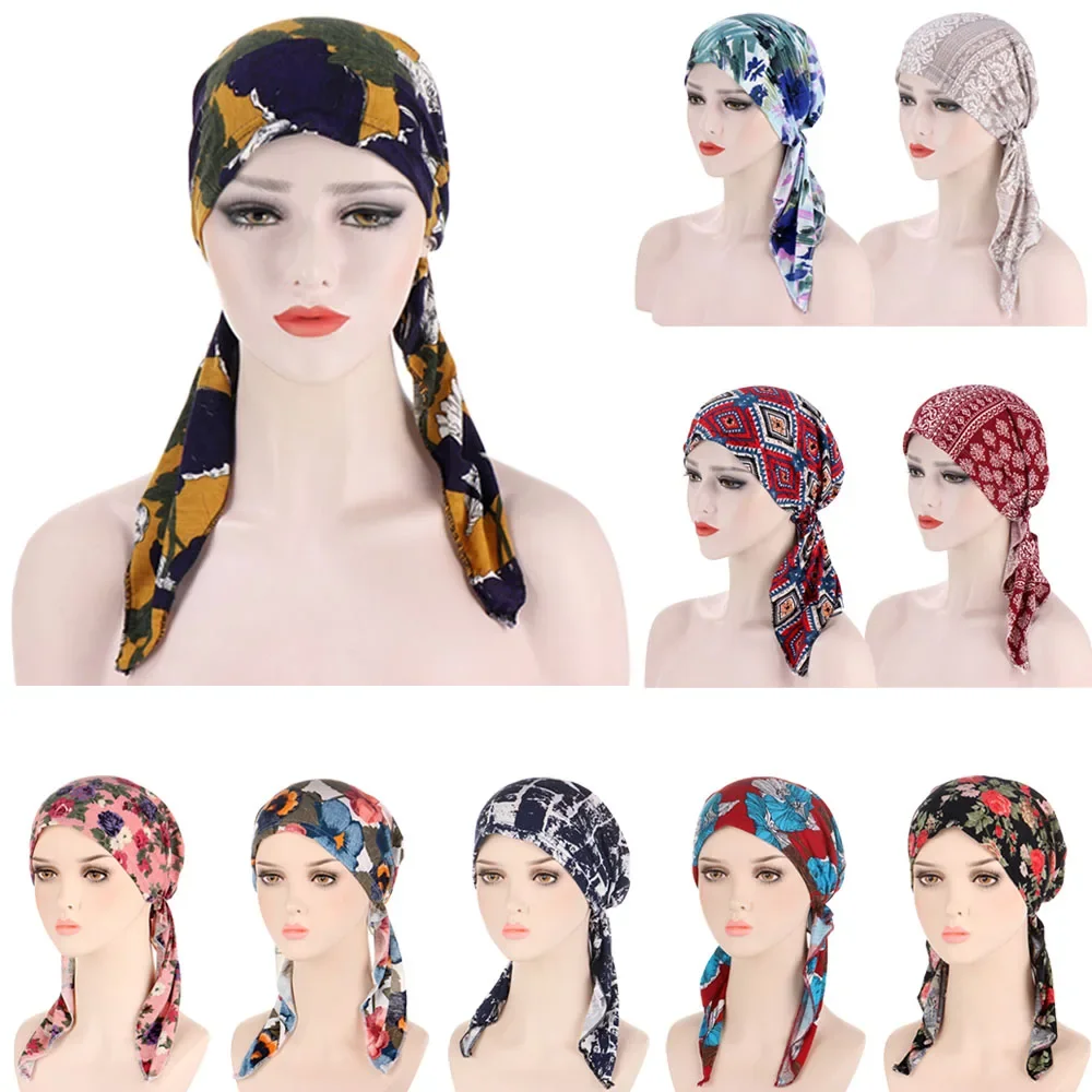 Muslim Women Soft Stretch Turban Hat Pre-Tied Head Scarf Printed Cancer Chemo Cap Inner Hijabs Bandanas Bonnet Hair Accessories