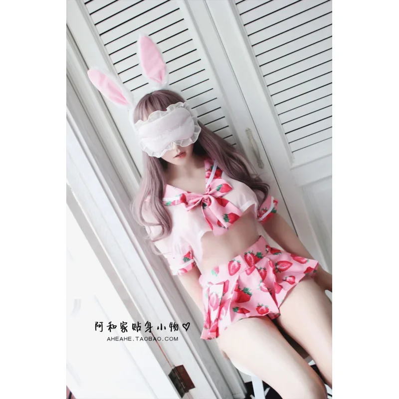 Anime Cute Sailor Dress Lolita Strawberry Printed Cosplay Costume School Girl Uniform Sexy Kawaii Lingerie Set Exotic Apparel