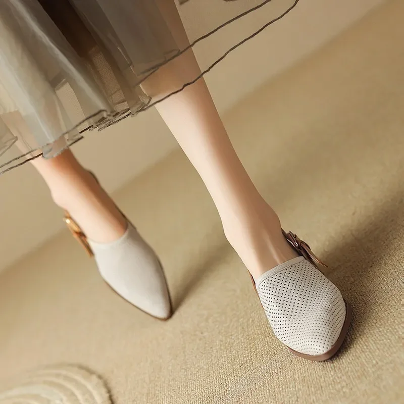 Knitted Mesh Breathable Hollow Out Sandals Women  New Fashion Pointed Thick Heel Sandals Shoes for Women Sandalias2024