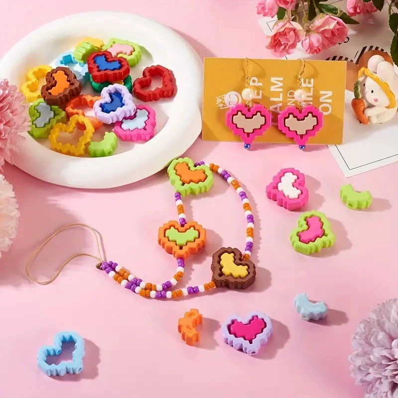 Acrylic paint color pixel love frame beads DIY mobile phone chain accessories accessories heart shape vertical hole sparse beads