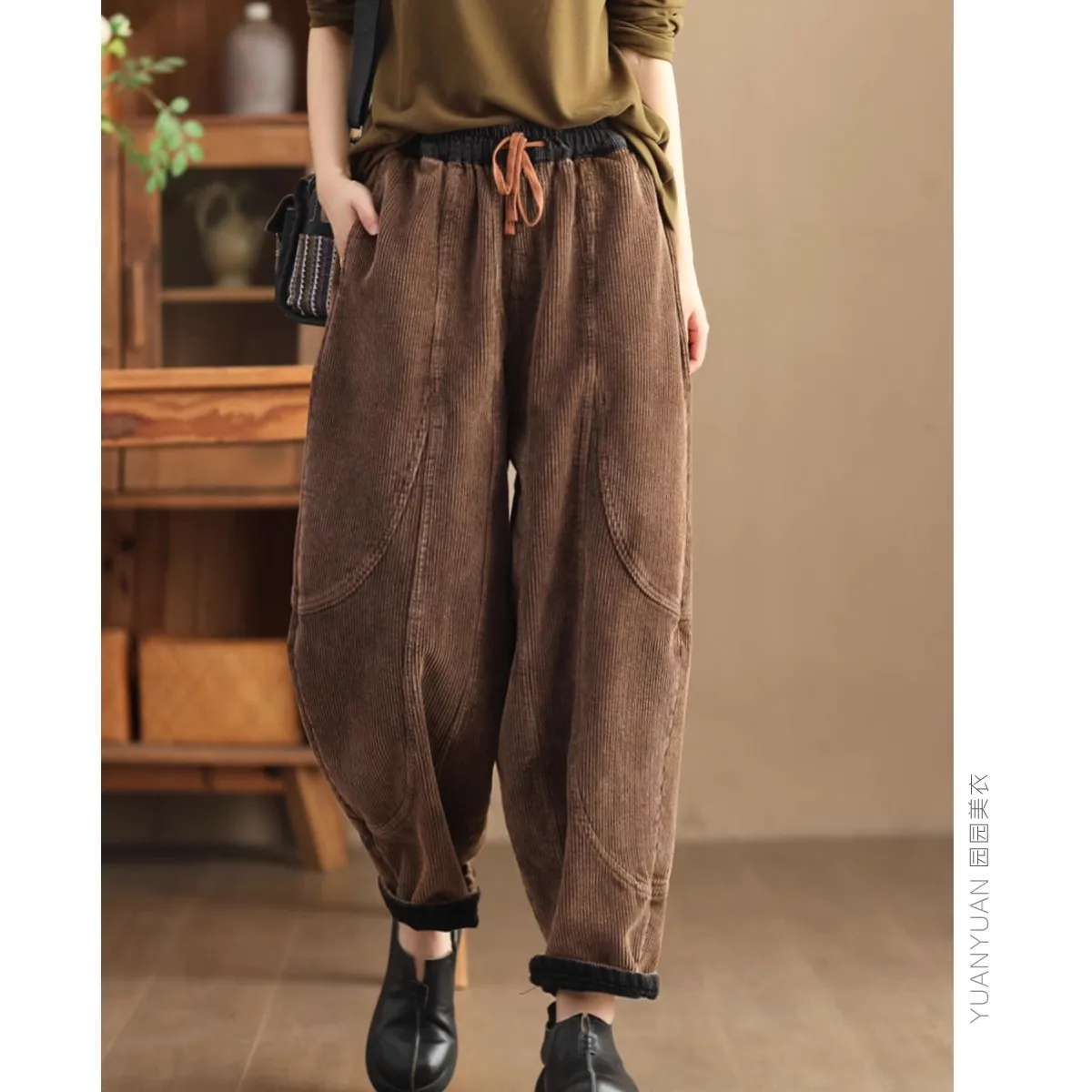 Thiened القطن سروال قصير Fce اصطف سراويل تقليدية المرأة Bootcut فانوس هارلان السراويل عالية الخصر السراويل الطويلة تخفيف Sle