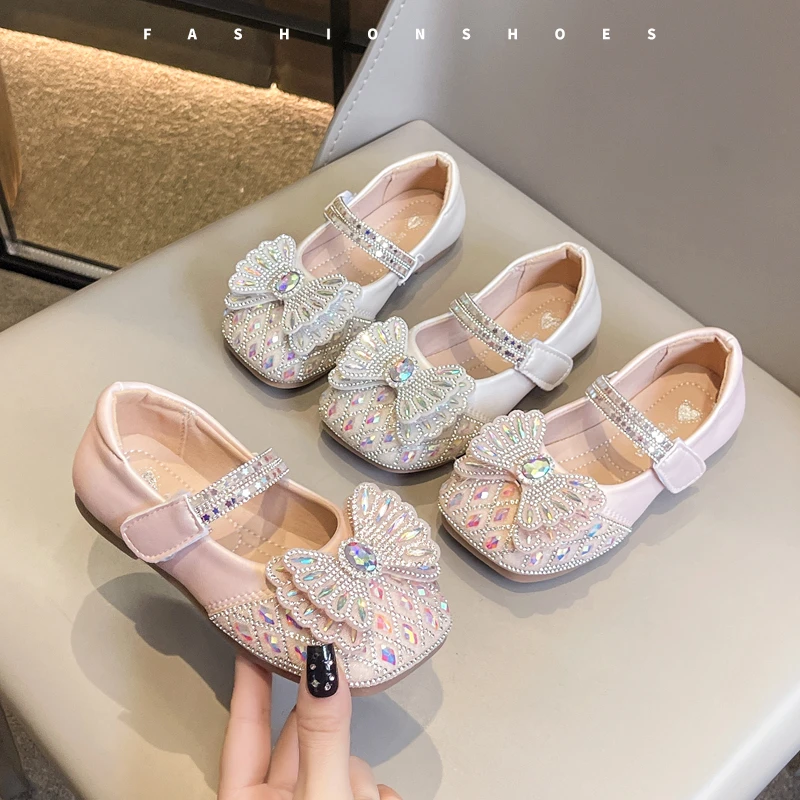 

Детские туфли для девочек с блестящими стразами и бантом, кожаные, весна 2026, новые, модные, на мягкой подошве, для танцев, в стиле принцессы