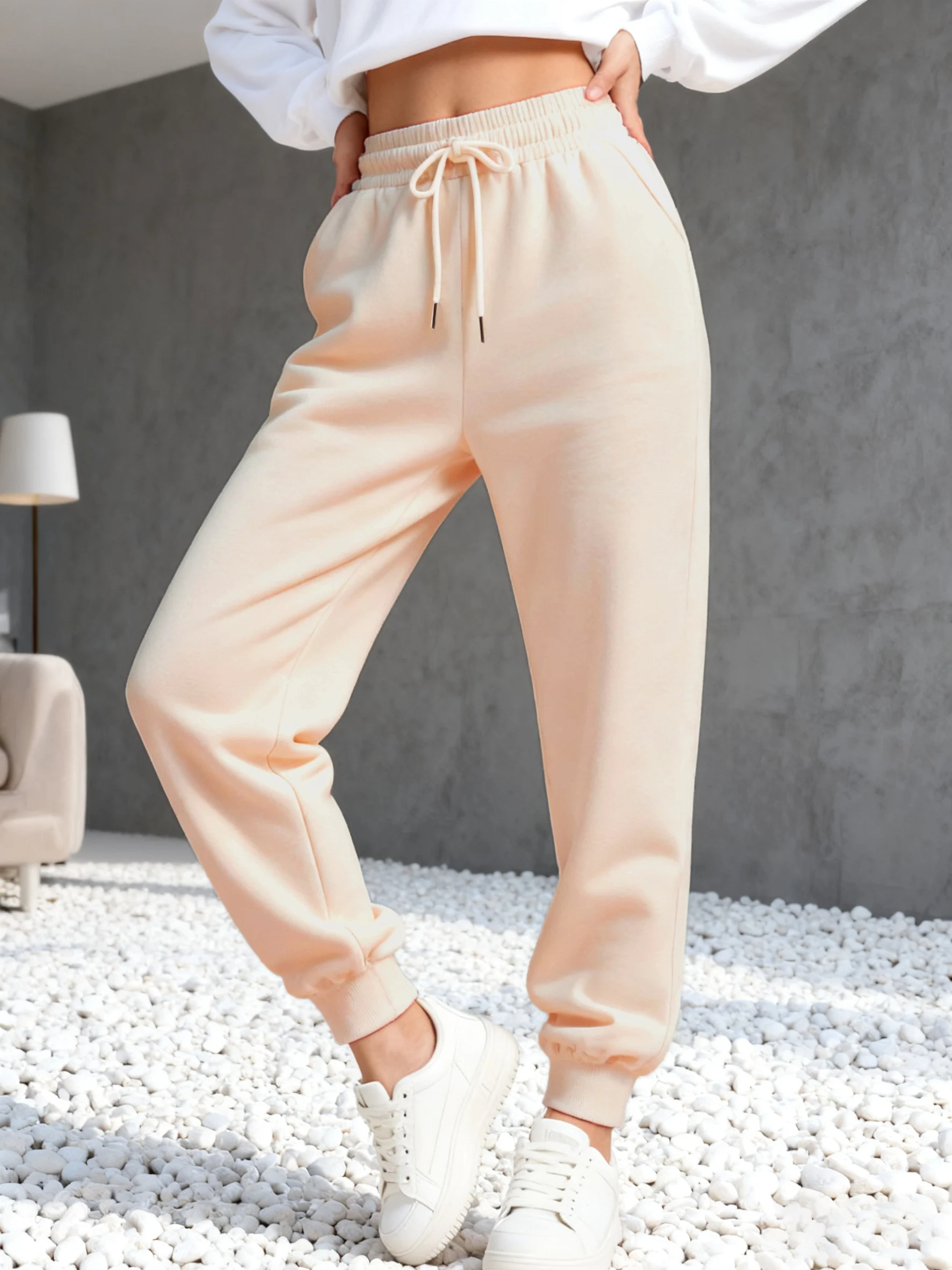 Lässige Damenhose Winter Jogginghose mit Taschen Sportliche Lose Fleece-Jogginghose Basics Elastischer Bund Damenkleidung – Detail 10