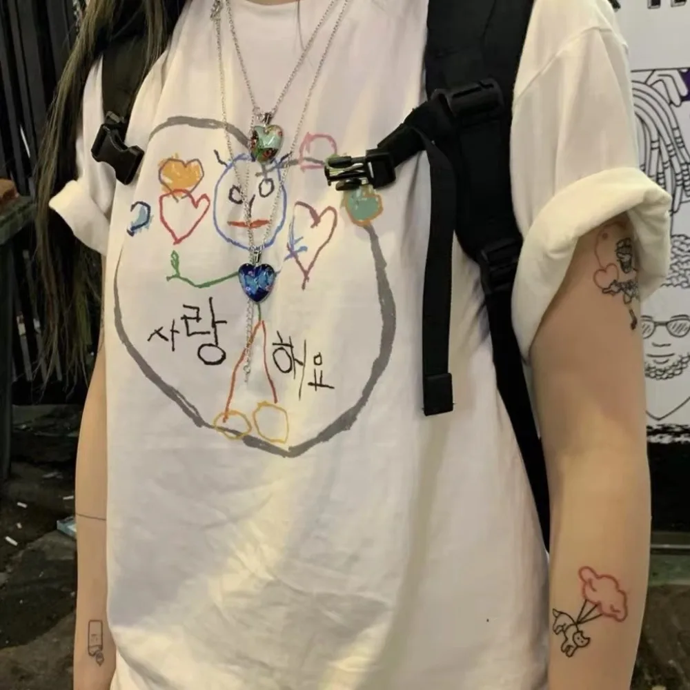 الشارع Sle القطن الخالص Ort Sve تي شيرت زوجين مطابقة القلب Fiti طباعة فضفاضة تناسب الصيف جولة Ne عارضة قمم #3