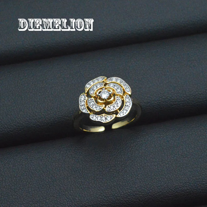 Romantic 18K Gold Plated Three Flower Rings AAA CZ Paved Adjustable Camellia Ring for Women Wedding Party Jewelry New