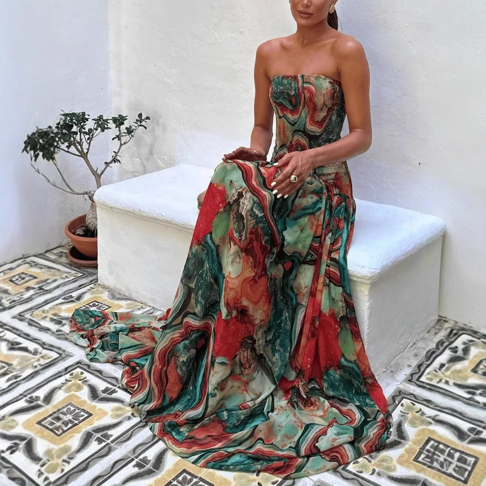 Female clothing Women's dress New printed dress with chest-wrapped sleeveles slim fit long dress Elegant party dresses robe 2025