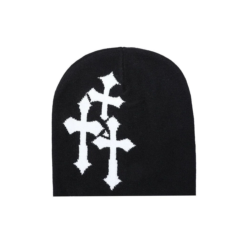 Trendige Strickmütze mit Kruzifix-Jacquardmuster, Europäisch-Amerikanischer Hip-Hop-Stil, Warme Elastische Wintermütze, Lässige Kopfbedeckung für Männer und Frauen – Detail 3