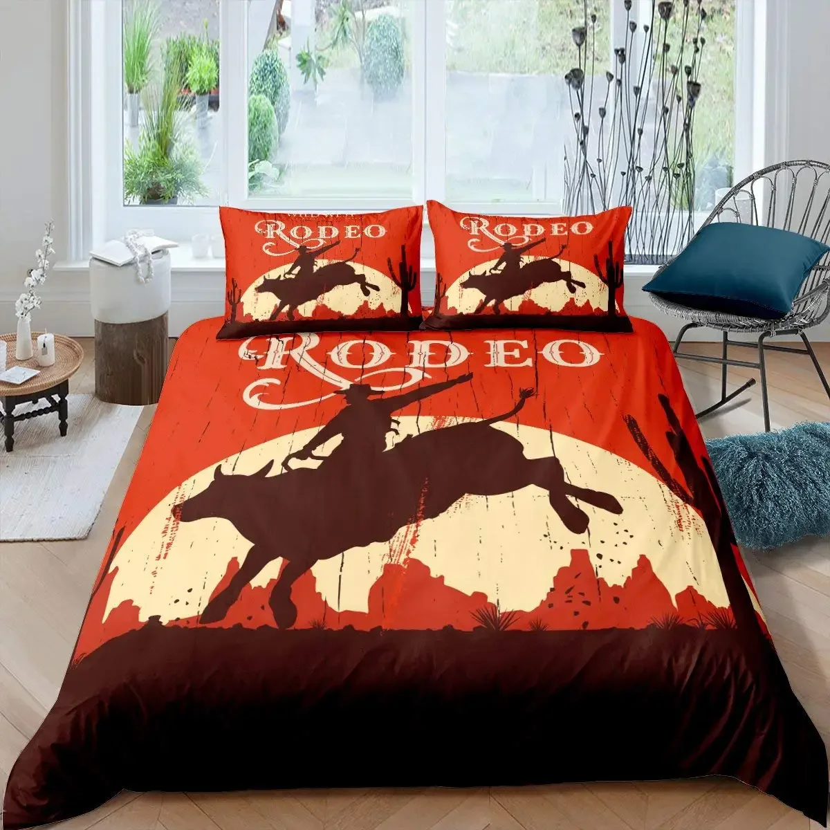 Western Cowboy Duvet Cover Set,Vintage Riding Bull Wooden Old Sign Wilderness At Sunset Image Retro Style Bedding Set King Size