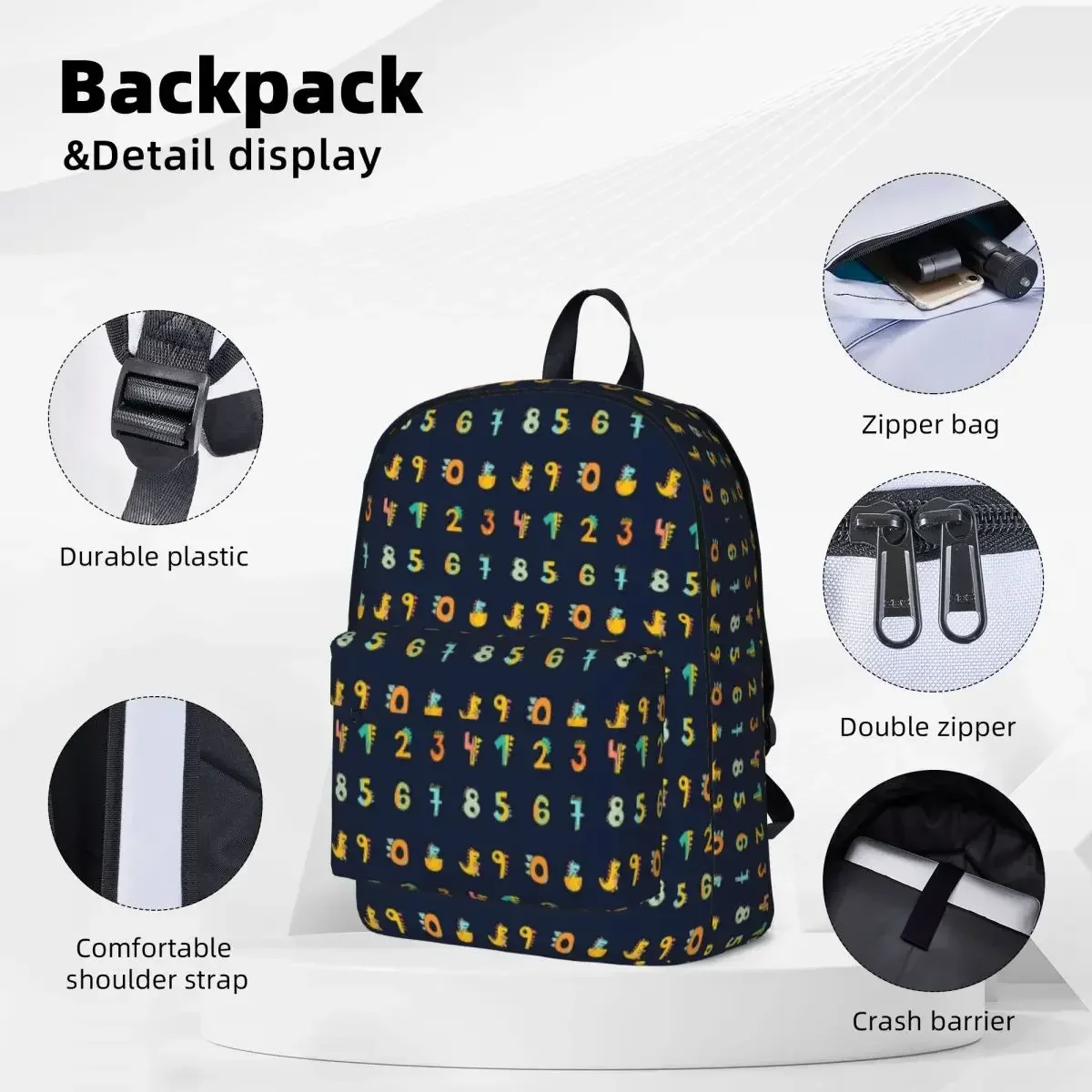 Mochila bonita e colorida para criança, números de dinossauro, grande capacidade, bolsa de livro de estudante, mochila portátil, mochila de viagem