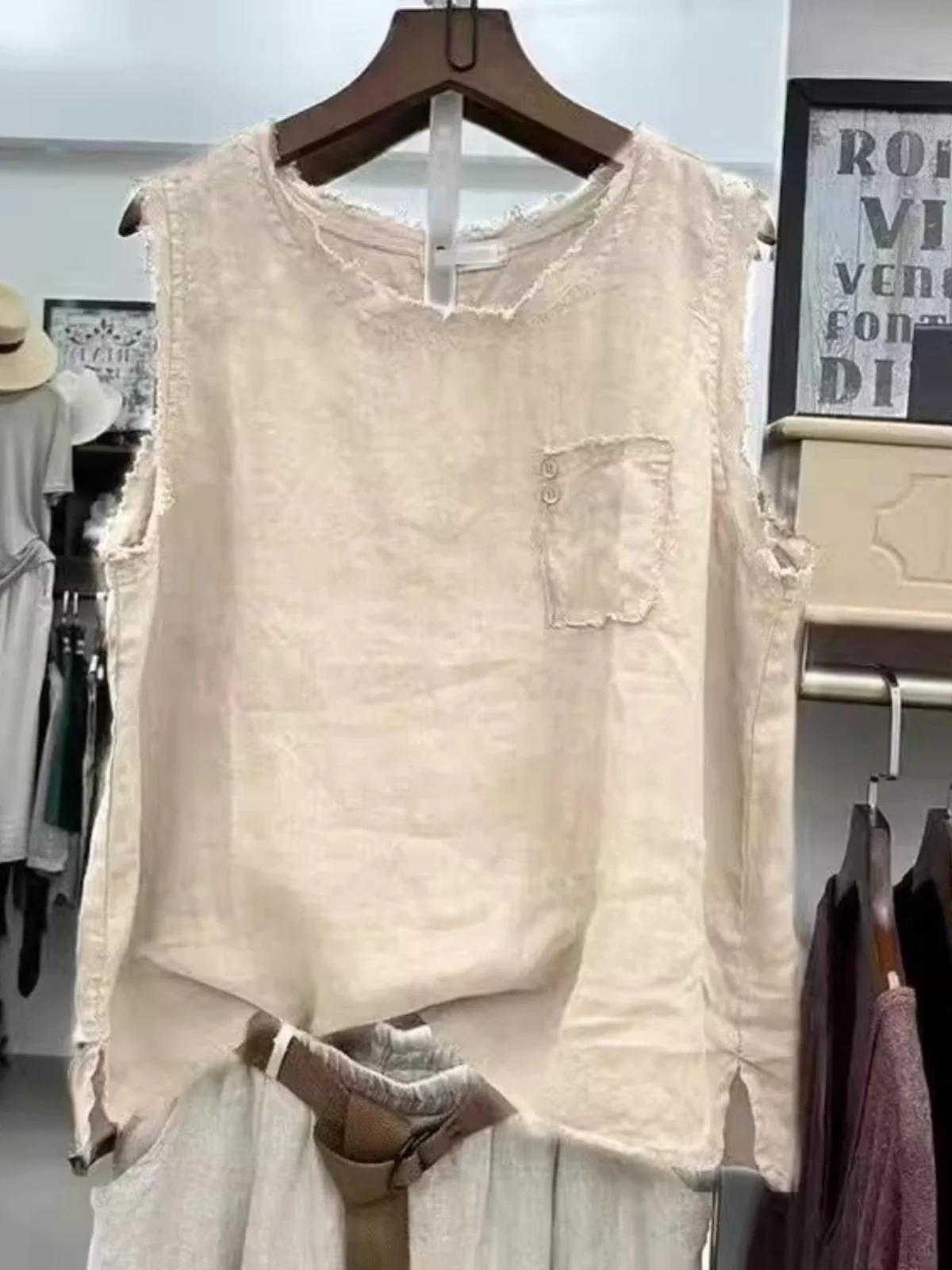 

Retro Hem Linen T-irt Women Summer Artistic Cotton Linen Loose Vest Svel Top plus Size Straight Body ape Fit