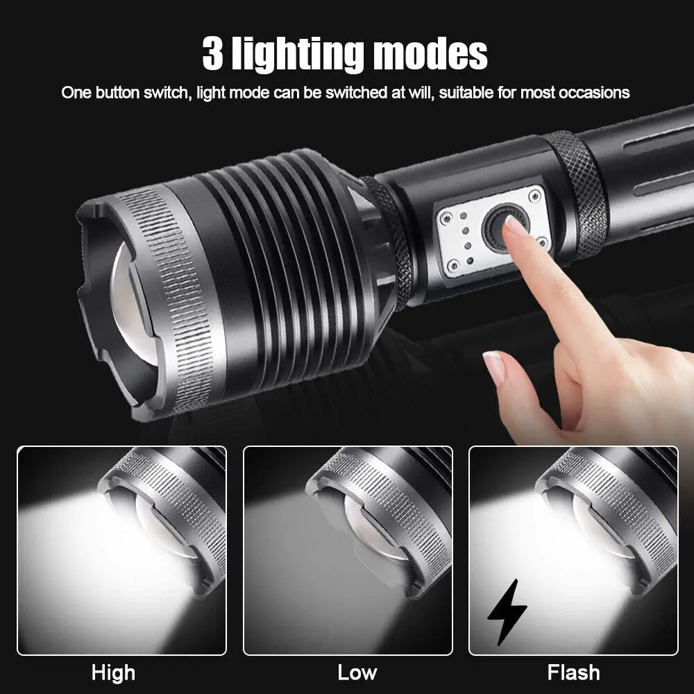 XHP360 White Rechargeable Led Flashlight Torch Most Powerful Tactical Flash Light Zoomable Hunting Lantern Waterproof Hand Lamp