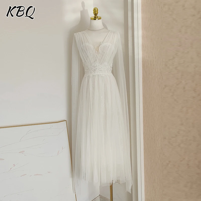 

KBQ Elegant Solid French Embroidery Tunic Dresses for Women V Neck Long Sleeve High Waist Temperament Dress Female Fashion New