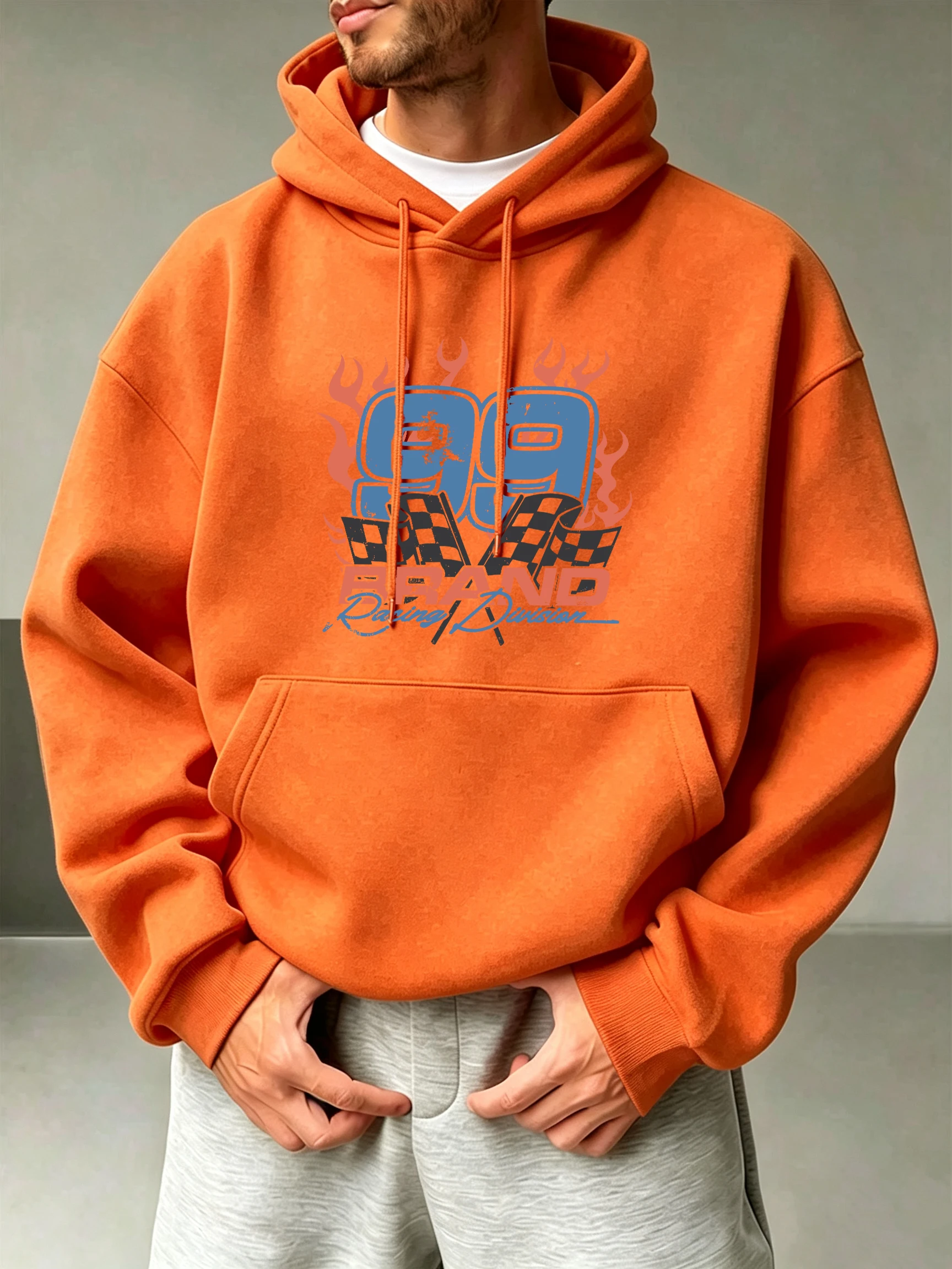 99 Brand Racing Creative Print Men Casual Basics Hoodie Korean Fleece Pullover Simple O-Neck Long Sleeve Street Hip Hop Clothes