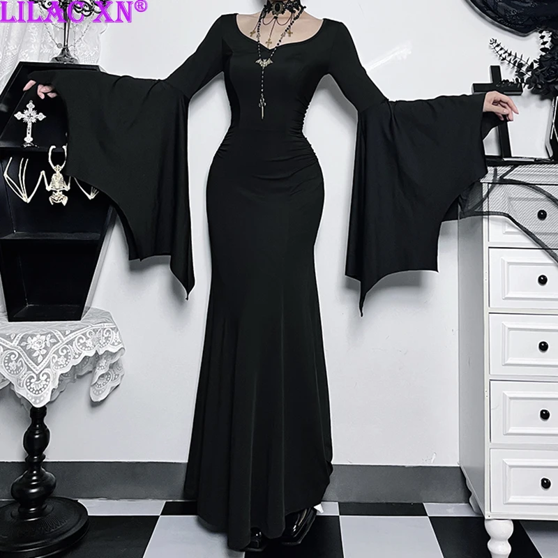 

Goth Black Flared Sleeve Mermaid Bodycon Party Dresses Y2K Vintage Elegant Sexy Long Dresses Women Fashion Autumn Winter Dress