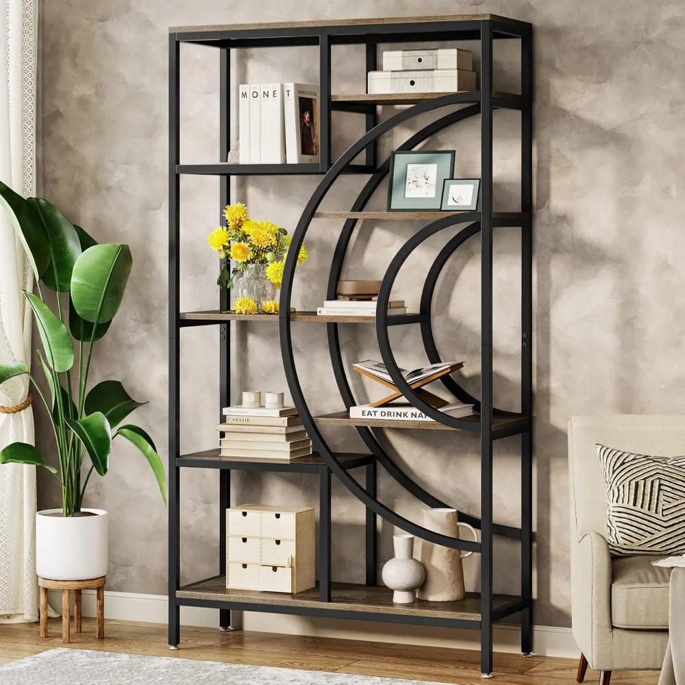 71 inches Geometric Bookcase, Industrial 8-Tiers Bookshelves, Rustic Etagere Bookcase with Metal Frame, Tall Freestanding Open