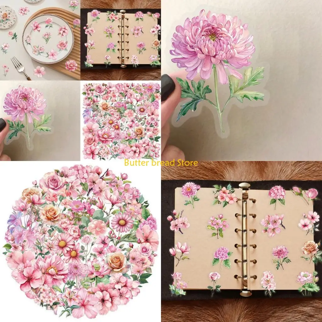 W89C 50 Sheets Lovely Sticker Flower Decorative Sticker Clear Scrapbooking Sticker