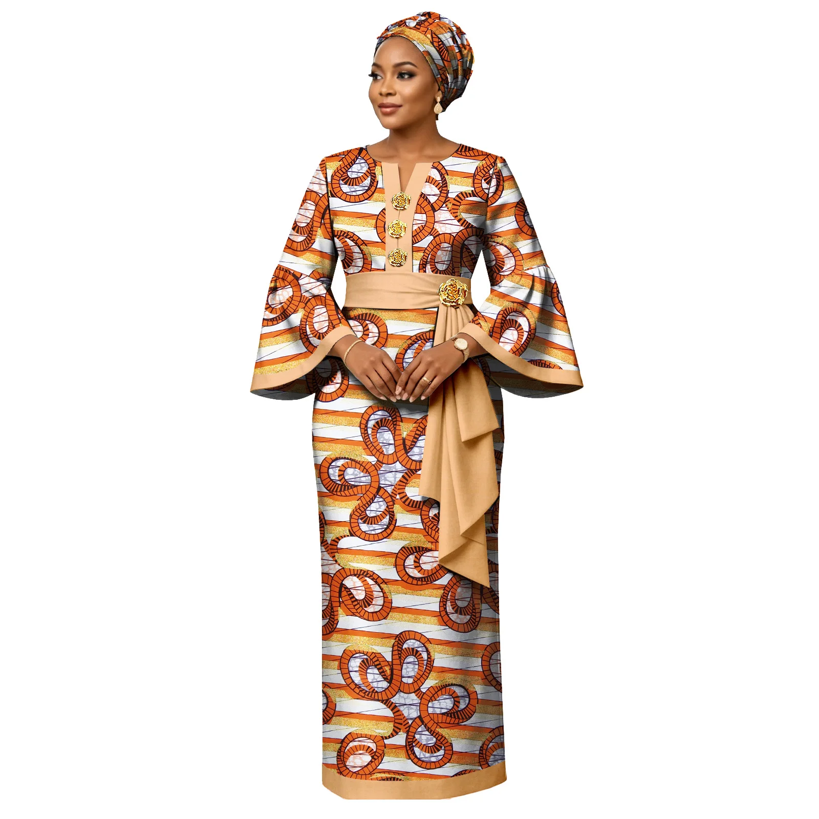 Women African Dress Set, Ankara Print Flare Sleeve Gown with Matching Headwrap, Dashiki Floral Button Attire