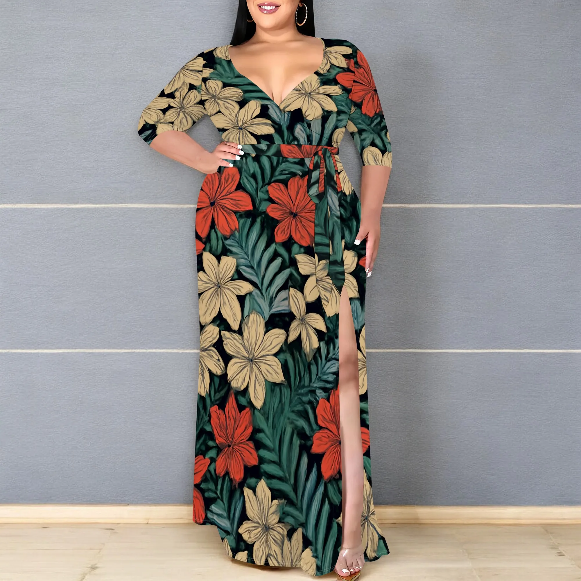 

Floral Print Plus Size Maxi Dress XL-6XL V-Neck Wrap Style with Belt & 3/4 Sleeves for Garden Party, Wedding Guest