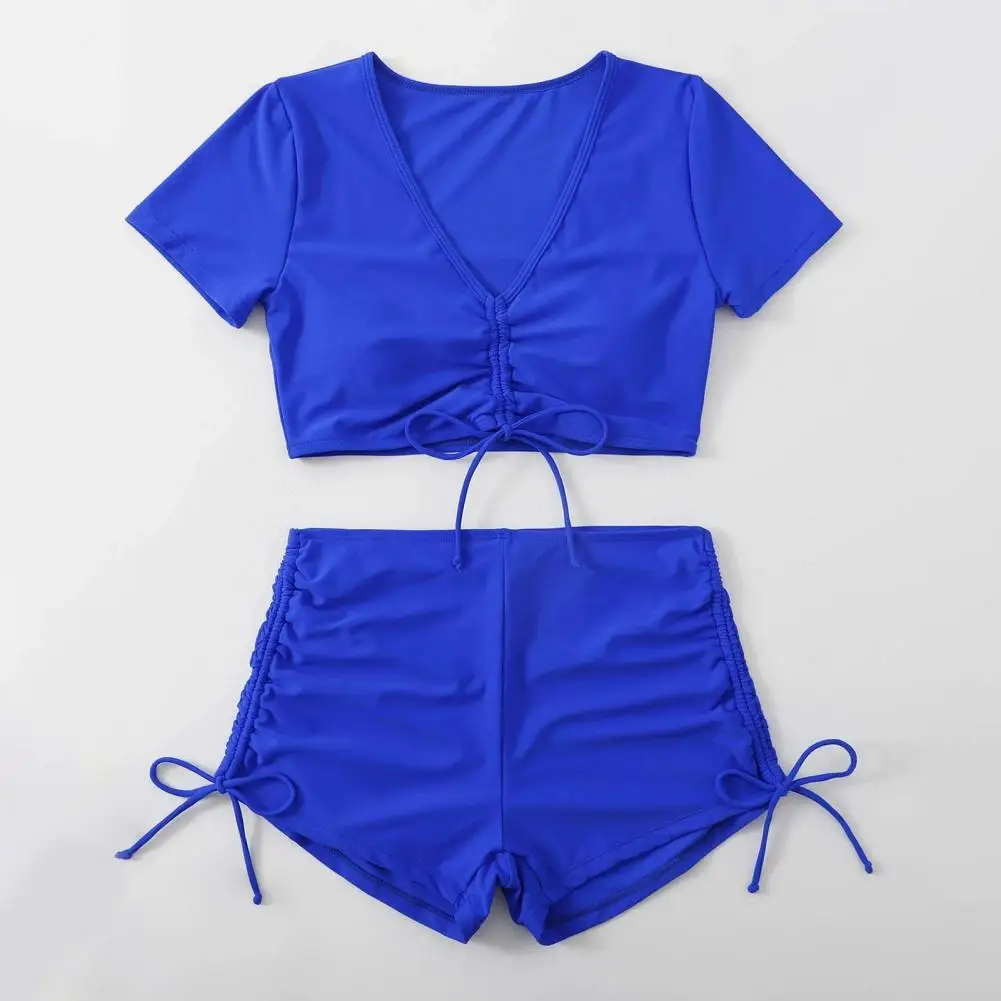 Bow Tie Swimsuit Sexy Bikini Stylish Women's Summer Bikini Set with V-neck Short Sleeve Tops High Waist Drawstring for Beach