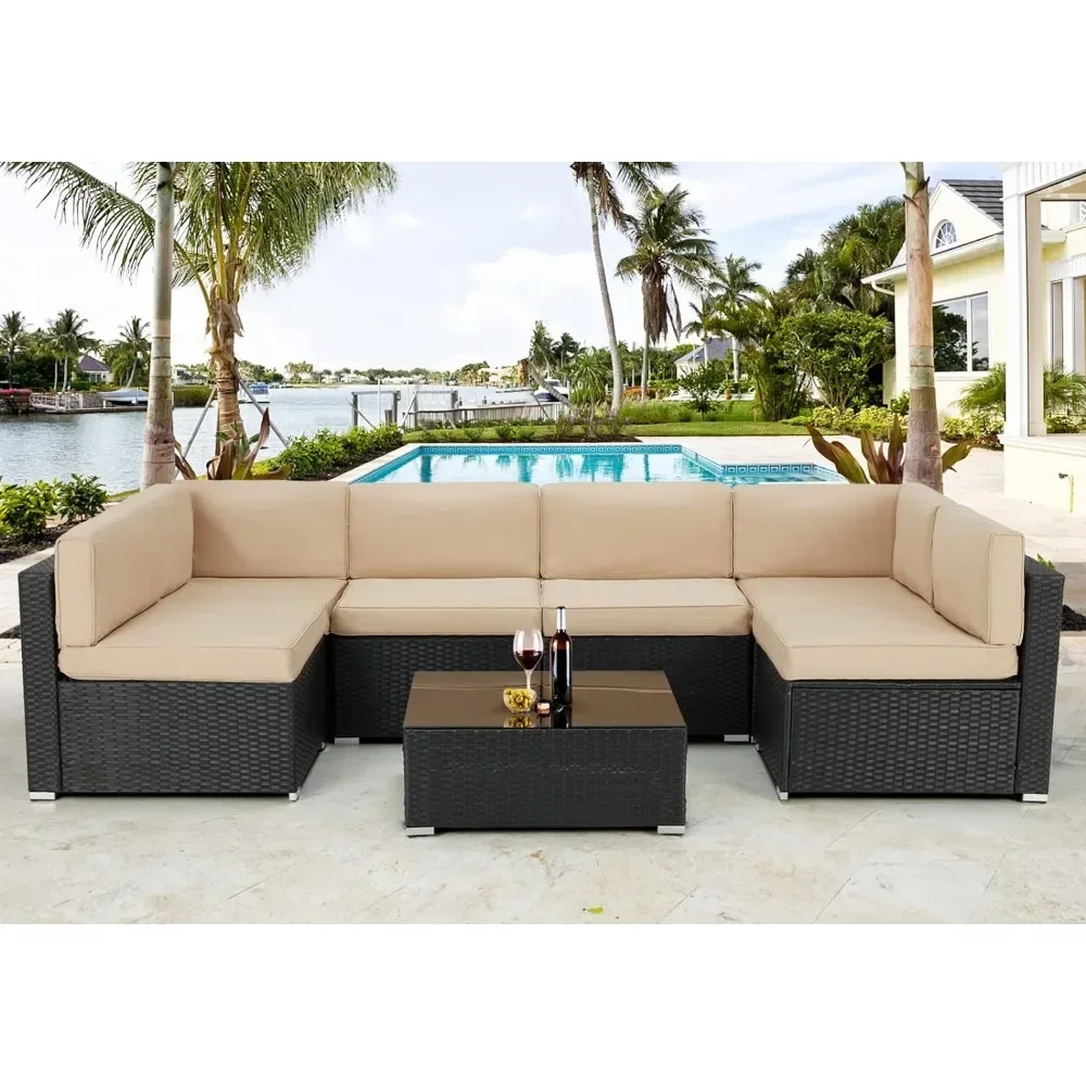 

Rattan Wicker Sofa Set, Outdoor Furniture Set with Cushions and Tea Table, Black PE Rattan, 7 PCs