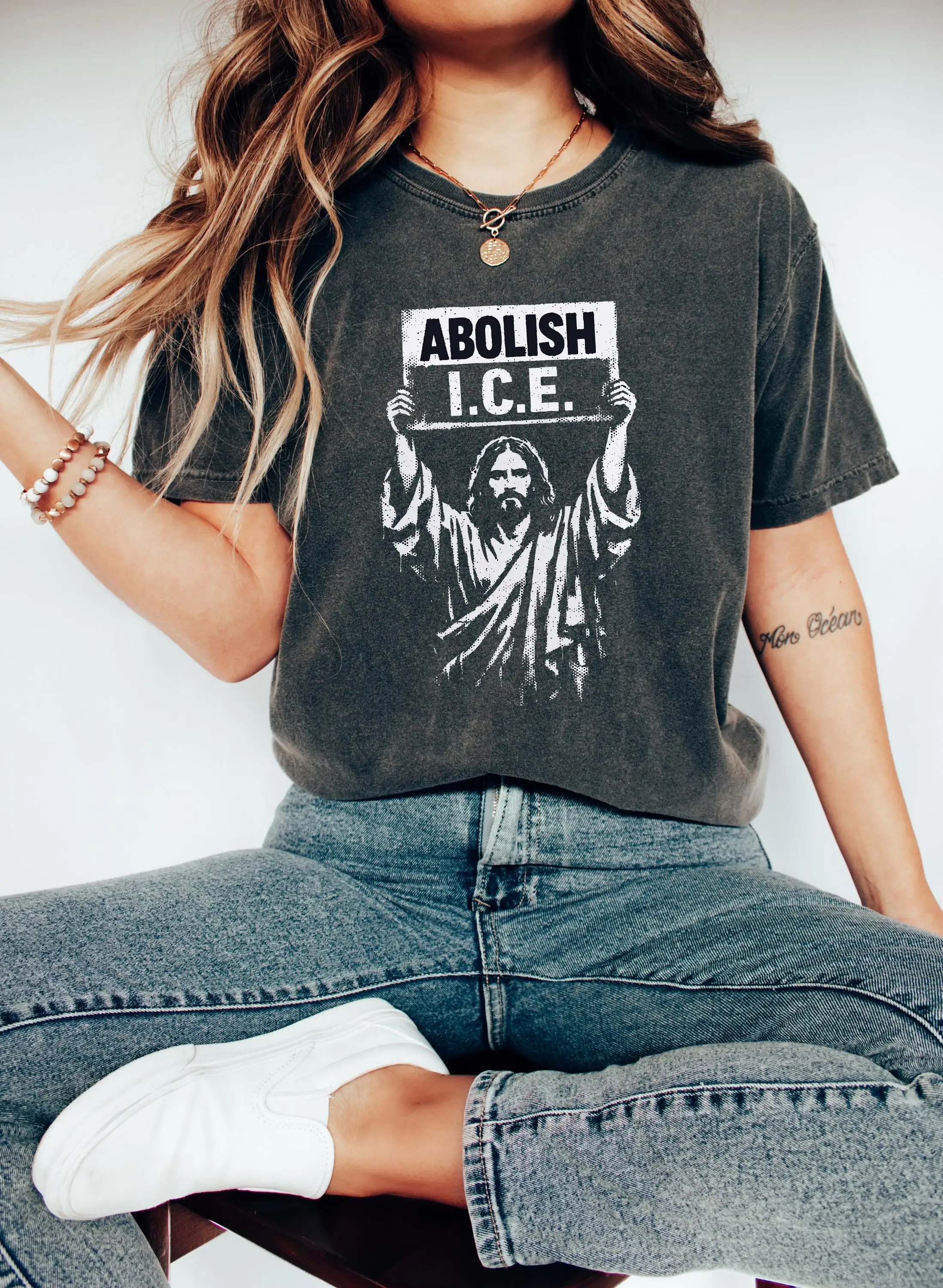 Abolish Immigration and Customs Enforcement (ICE) T-shirts Jesus-themed anti-ICE T-shirts pure cotton spring/summer streetwear