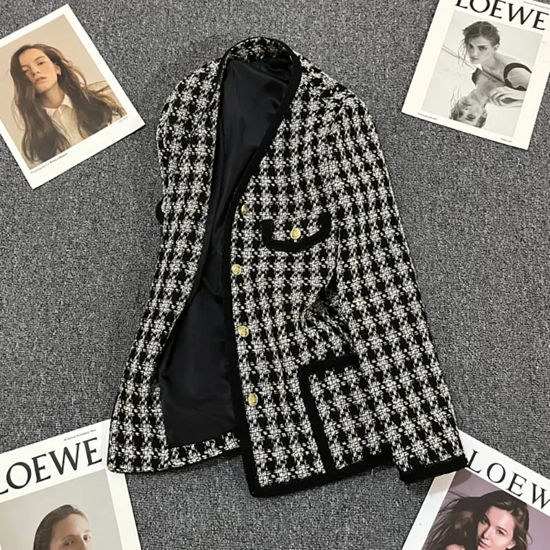 Boreathiman 2024 Women's Black and White Checkered Blazer Temperament Jacket Elegant Style Niche Design Casual Winter Coat