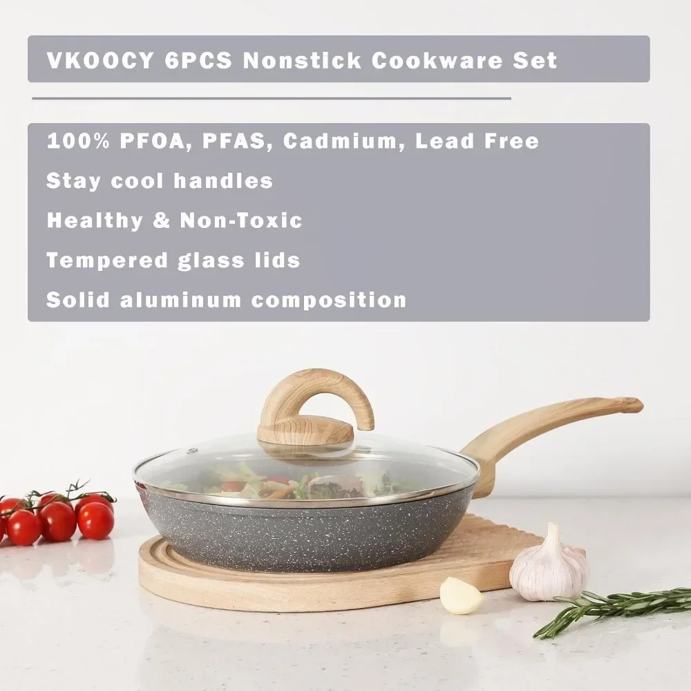 Vkoocy Nonstick Kitchen Cookware Set, Pots and Pans Set Healthy Induction Granite Cooking Set w/Frying Pans, Saucepans,