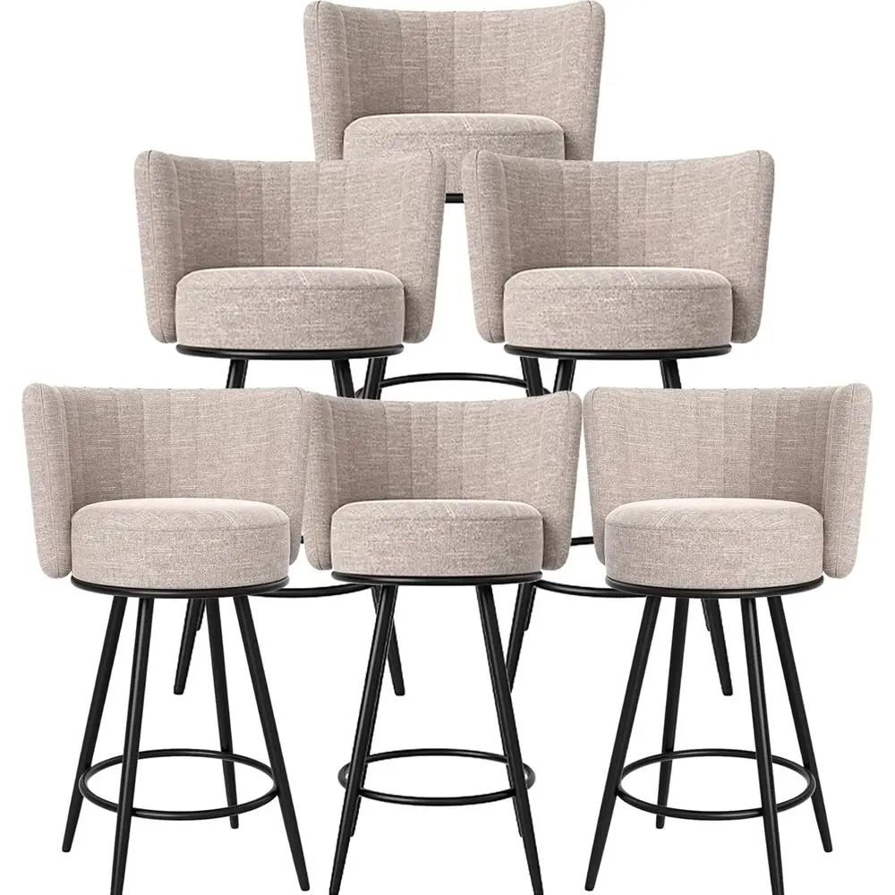 

Set of 6 Modern 27 Tufted Bar Stools, Upholstered with Backrest and Footrest, Metal Legs, Suitable for Kitchen Islands, Counters