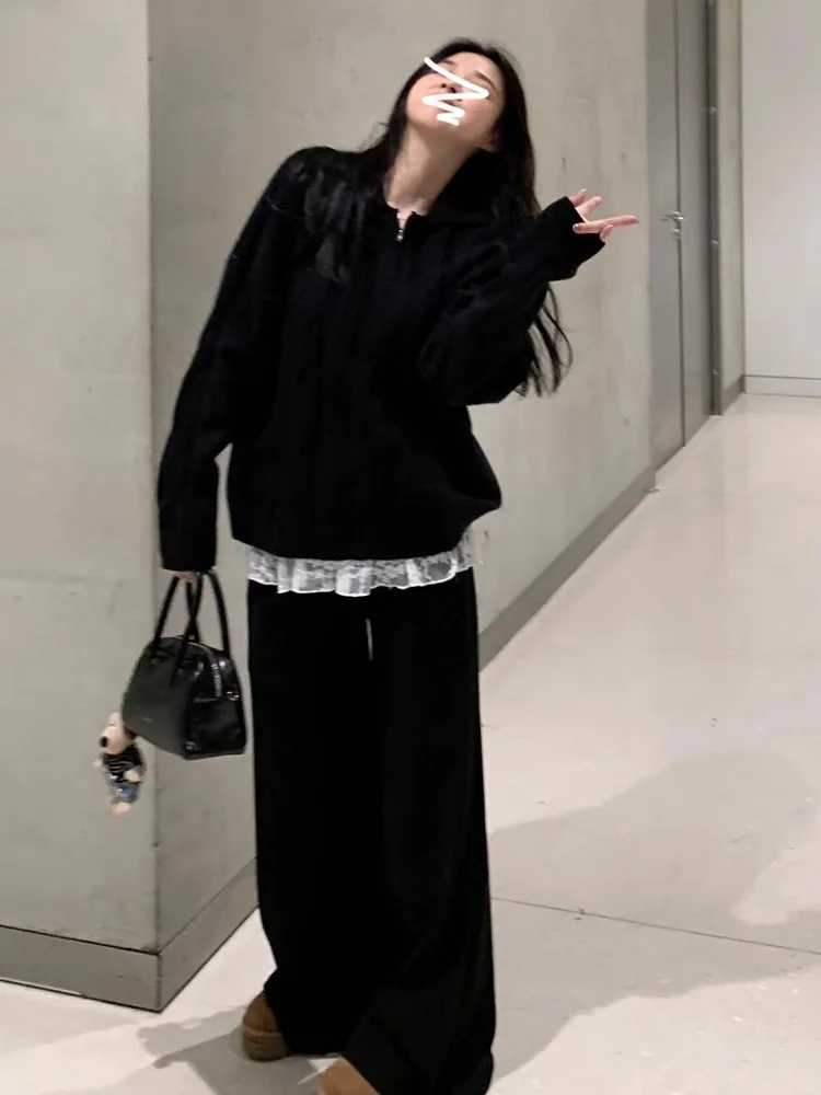 เสื้อสเวตเตอร์ถักไหมพรมหลวมๆ สไตล์ลำลองสำหรับผู้หญิง เสื้อคลุมฤดูใบไม้ผลิ 2025 รุ่นใหม่ สไตล์นักศึกษา แฟชั่น ซิปยาว คอปก