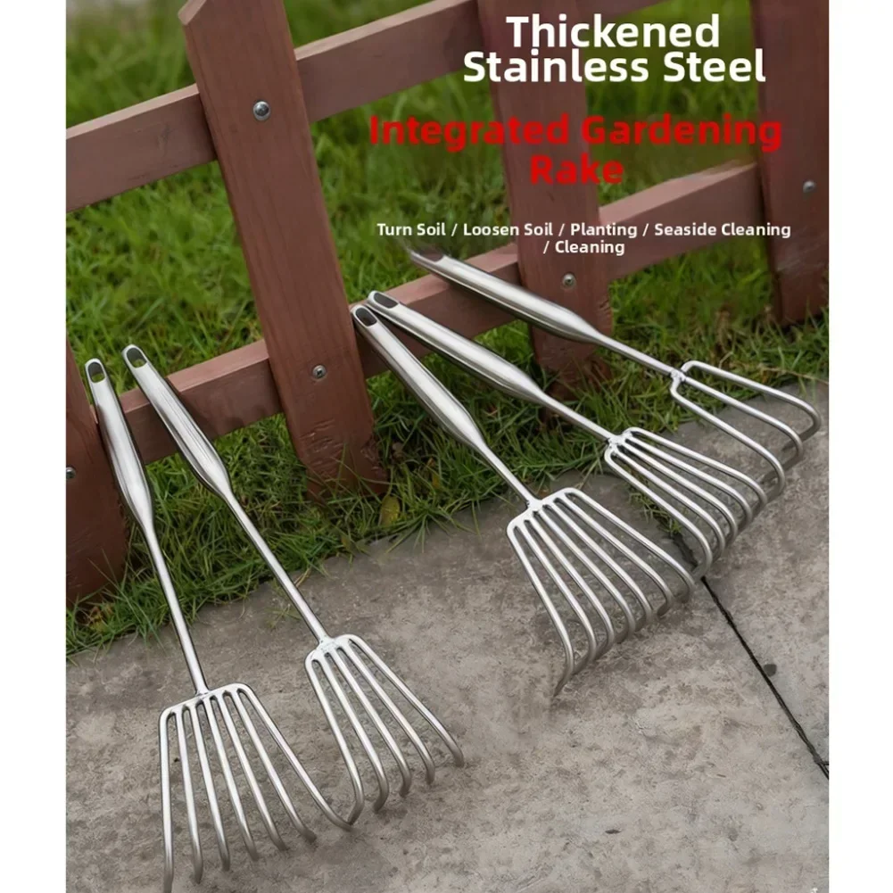 1pc Stainless Steel Welded Rake Garden Rake With Ergonomic Grip Claw Weeder Cultivator For Leaves Horticultural Spade Garden Too