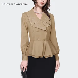 2024 Spring New Womens Khaki Embroidery Blazer Long Sleeve Suit Collar Elegant Slim Outwear Office Ladies Worksuits Tops