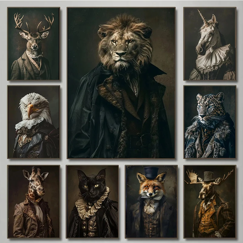 Gothic Victorian Animal Raven Black Cat Unicorn Panda Goat Eagle Bull Poster Print Canvas Painting for Living Room Home Decor
