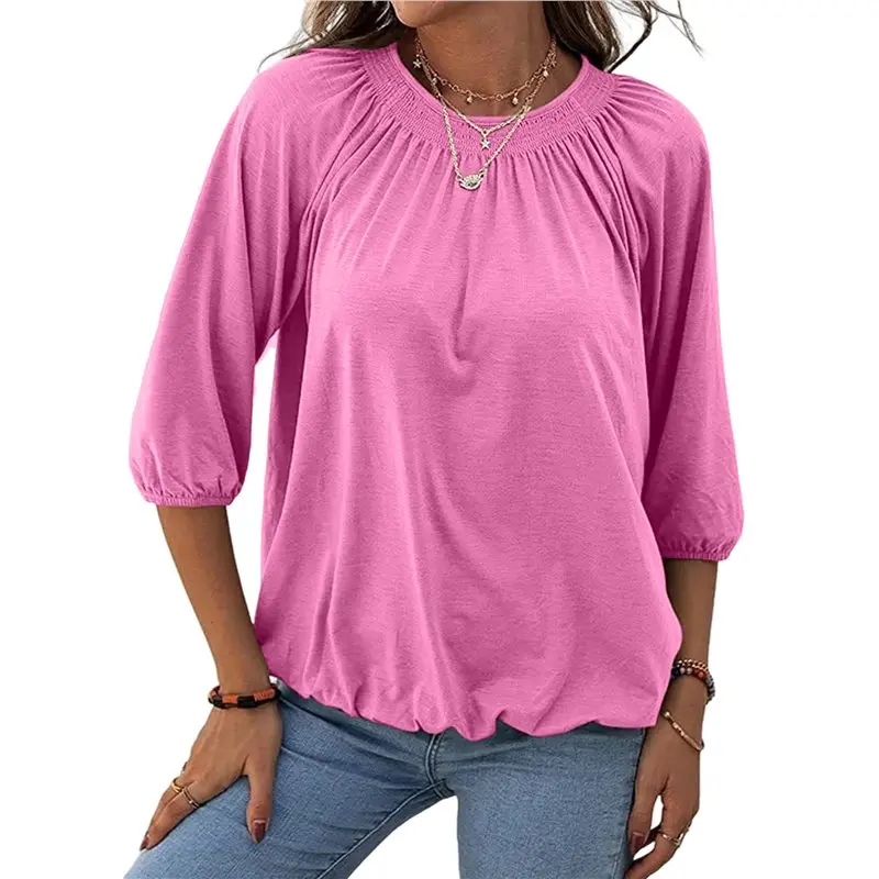 

CYL-Women's Solid Crew Neck T Shirt Blouse Cotton Half Sleeve 3/4 Sleeve Casual Loose Pleated Basic Tops
