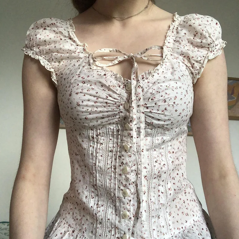 

French Floral Shirt Women's 2025 Summer New Product, Chest Pleated Strap Hollow Bubble Sleeve T-Shirt Button Cardigan
