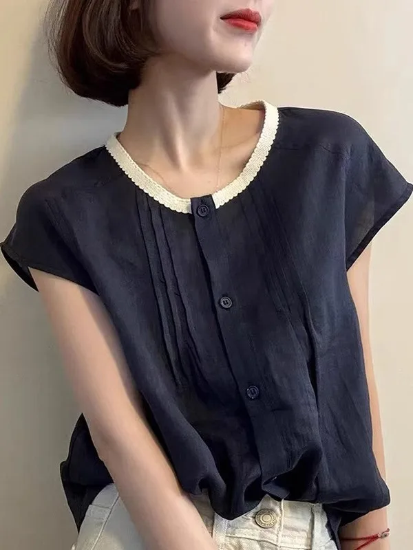 Casual in cotone e lino da donna irt round Ne ort Sve Top sopra la testa di grandi dimensioni coreano Sle Faionable Pendolarismo artistico