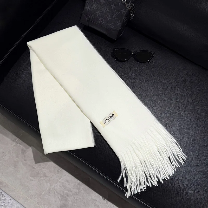 Новый женский зимний шарф 2025 года, однотонный белый большой толстый теплый платок из искусственного кашемира с кисточками на шею