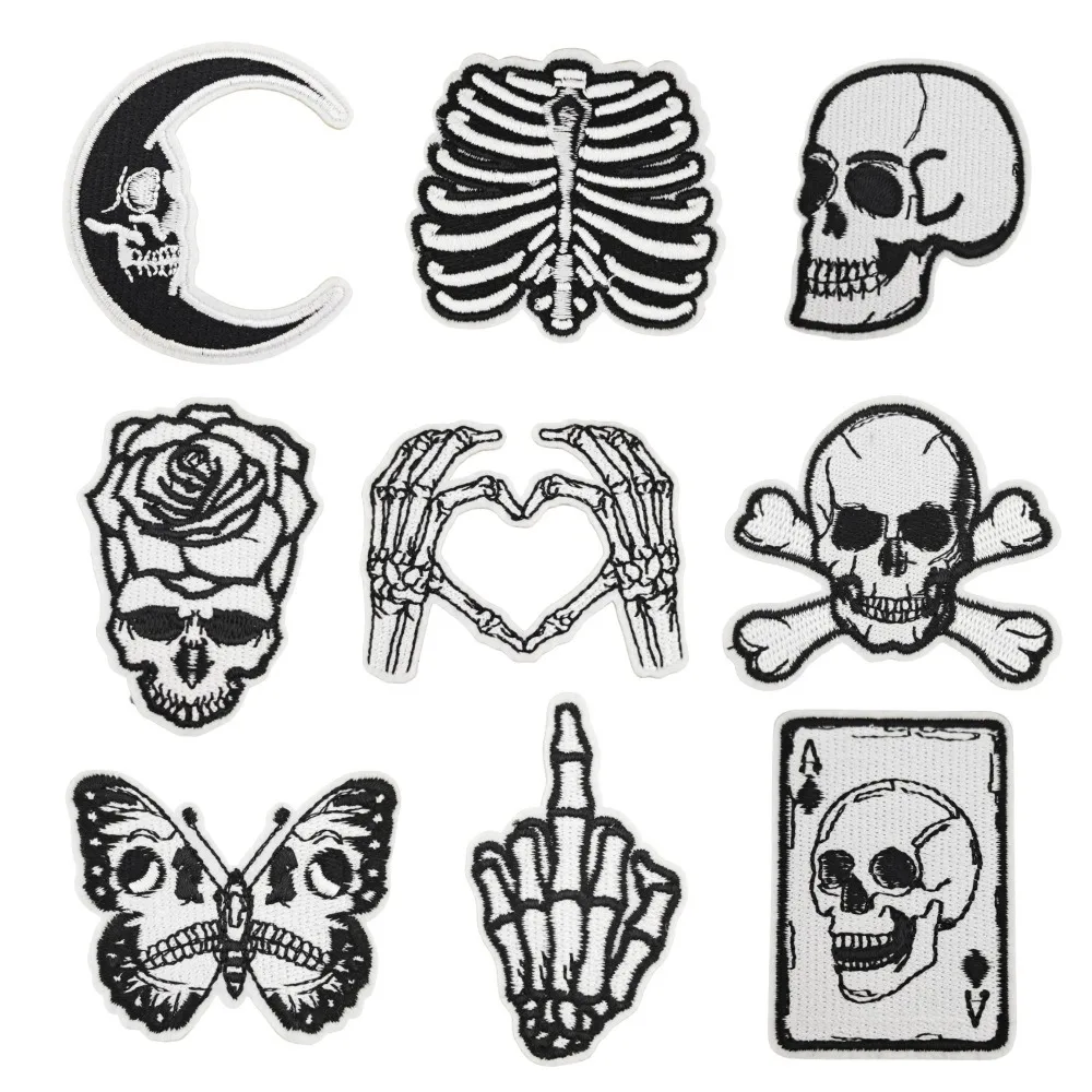 Punk Skull Embroidery Iron on Patches Skeleton Lovers Butterfly Badge Retro Bones Cloth Appliques for T-shirt Decor Fabric Logo